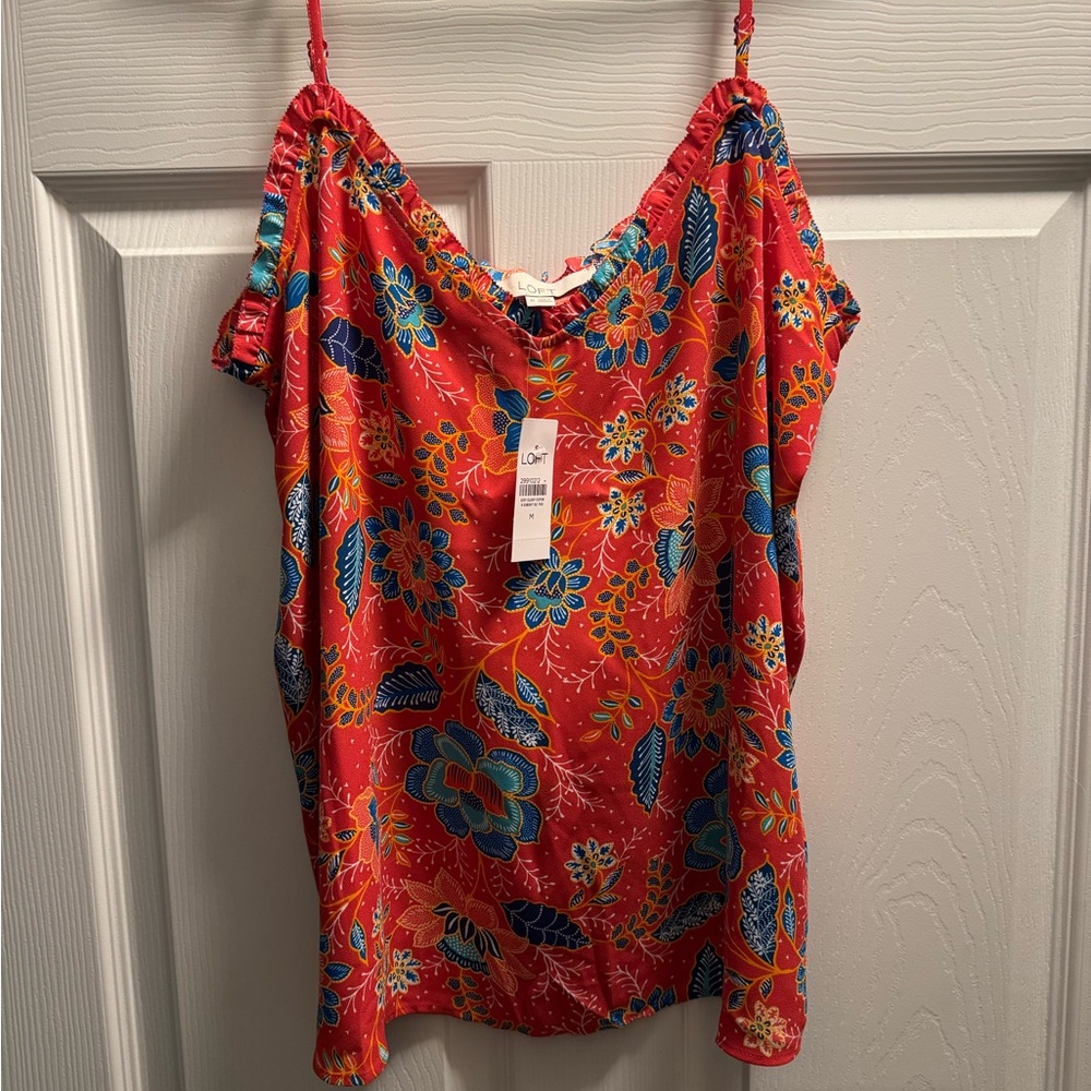 LOFT Red Floral Print Camisole with Blue and Yellow Accents